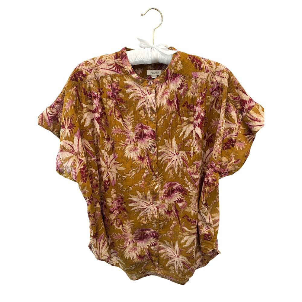 ANTHROPOLOGIE | Pilcro Gold Floral Cotton Boho Short Sleeve Blouse Top | XS